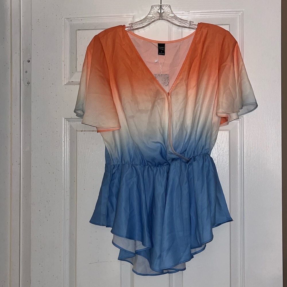 EMERY ROSE LARGE BLOUSE ORANGE WHITE BLUE OMBRÉ